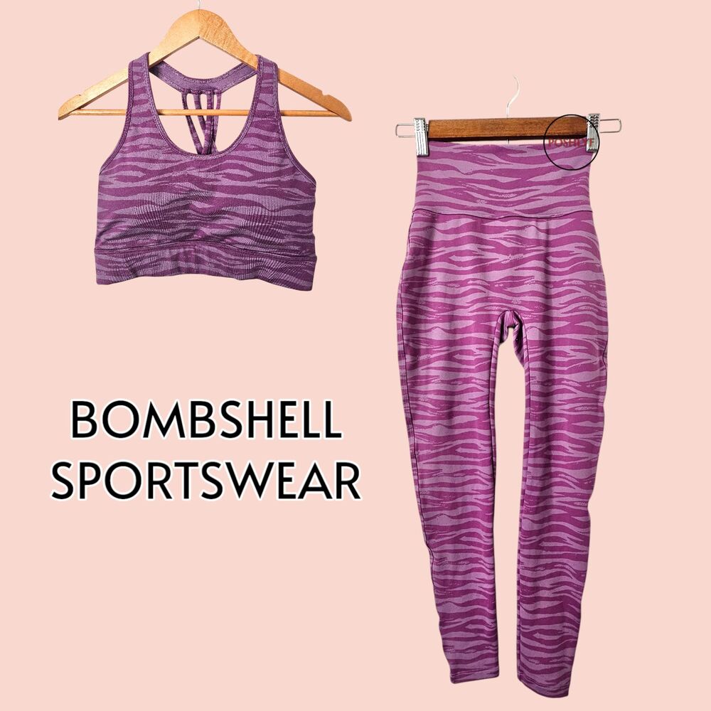 Bombshell Sportswear Sexy Back Leggings and Sports Bra Purple Striped Set S/M